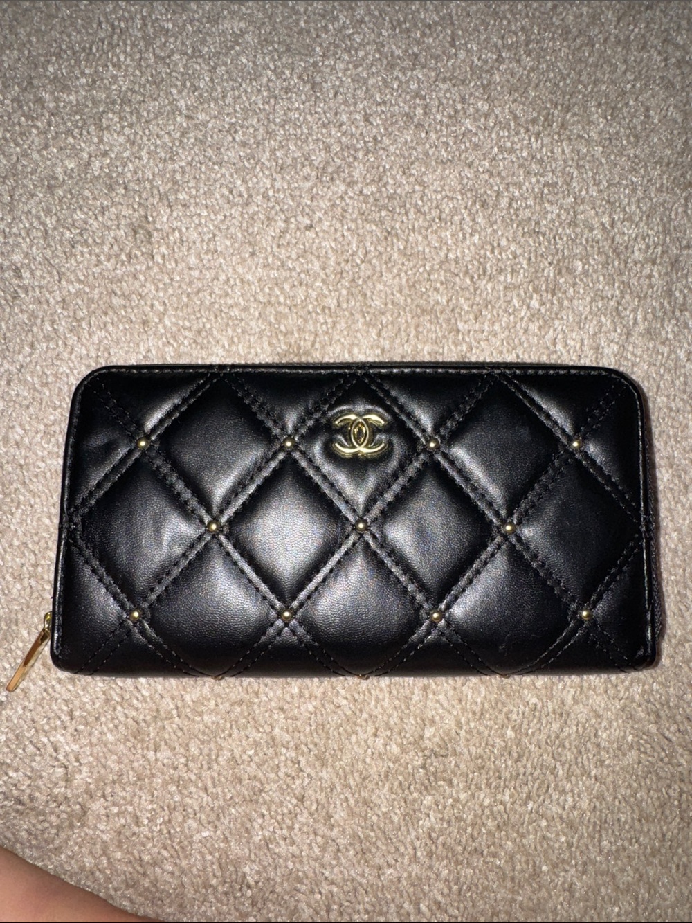Black Quilted Zip-Around Wallet with Gold CC